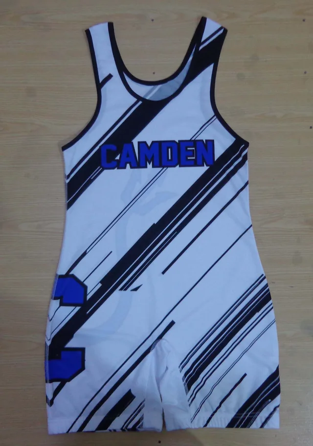 White, Black & Blue Wrestling Singlet, view 2